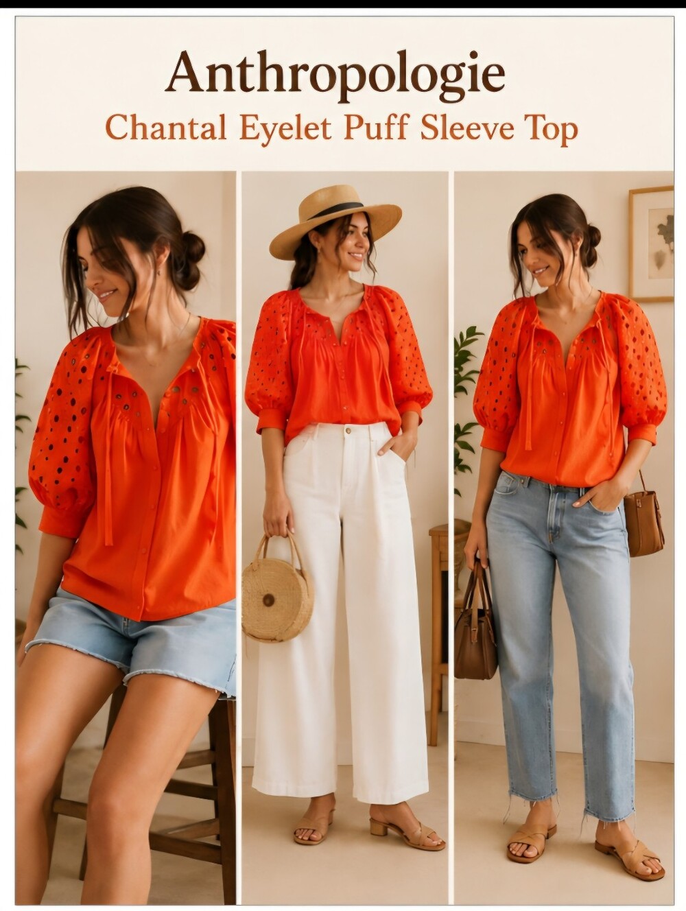 Anthropologie ~ Chantal Eyelet Puff Sleeve Blouse – Neon Orange XS